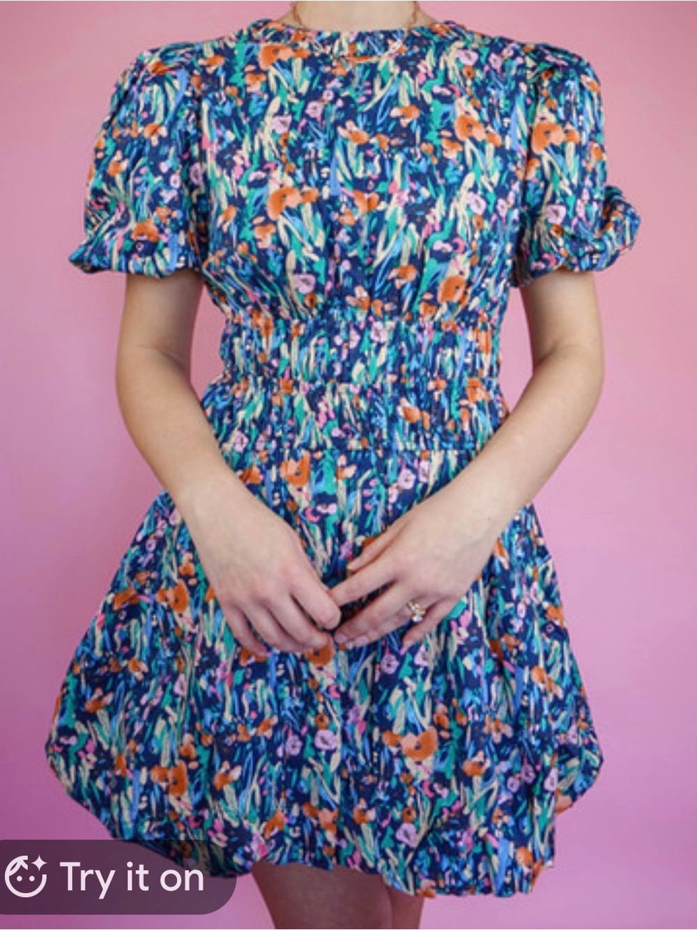 Smocked Floral Mini Dress in Blue and Orange